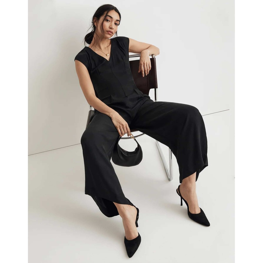 Madewell Seamed Wide Leg Jumpsuit Black Cupro Viscose Sz 8 Minimalist Capsule